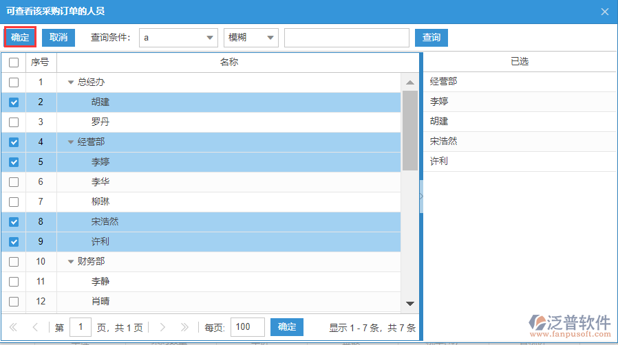 采購(gòu)訂單可查看該訂單的人員選擇