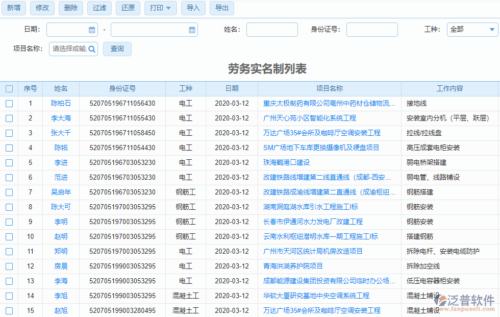 勞務實名制列表