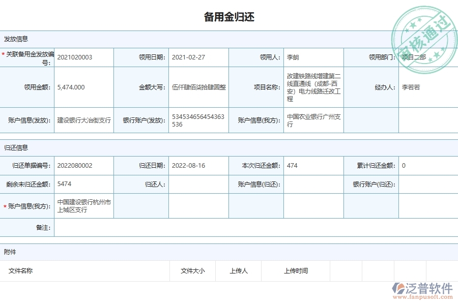 設備安裝工程備用金金額歸還管理單據(jù)詳細內容
