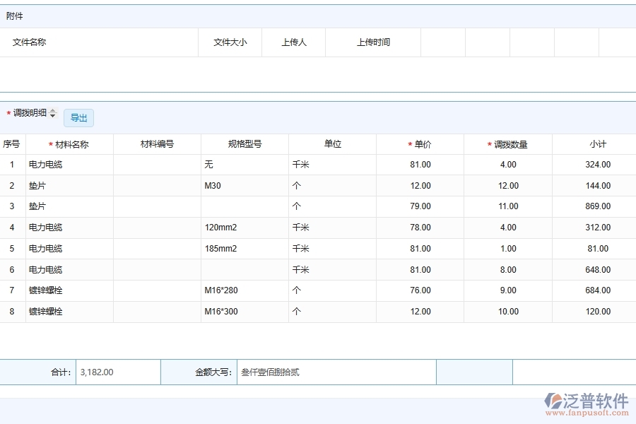 泛普軟件電力工程系統(tǒng)的施工材料調(diào)撥明細(xì)查詢(xún)功能