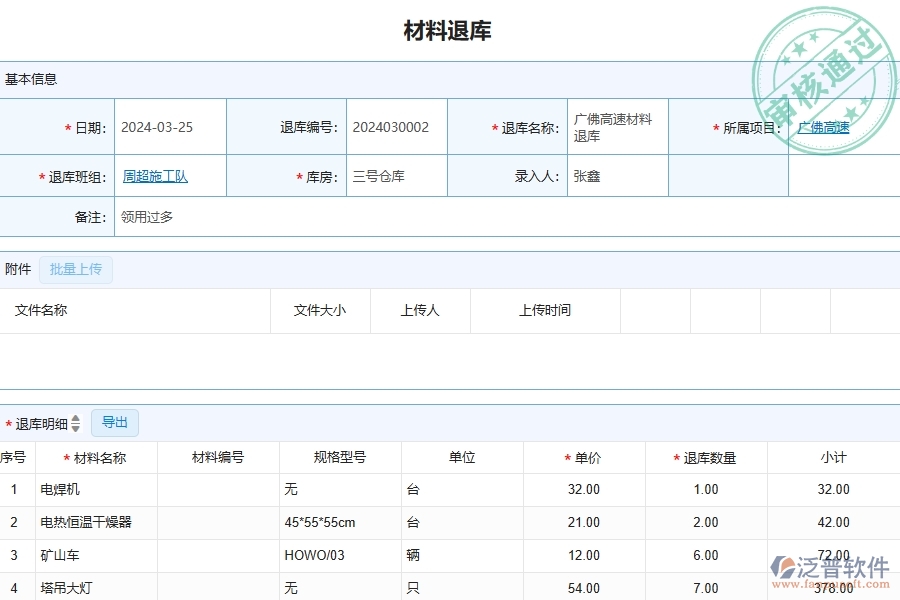 四、泛普軟件-公路工程管理系統(tǒng)在材料退庫(kù)明細(xì)查詢(xún)中的解決方案