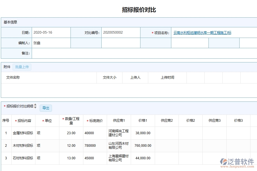 泛普軟件-幕墻工程企業(yè)管理系統(tǒng)中的項目招標(biāo)投標(biāo)分析匯總管理單據(jù)及列表