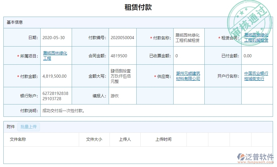 二、泛普軟件-園林工程項(xiàng)目管理系統(tǒng)在租賃付款列表中的方案