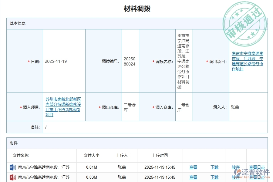 泛普軟件-路橋工程項(xiàng)目管理系統(tǒng)在材料調(diào)撥中的方案