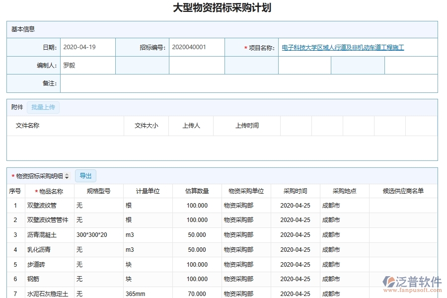 泛普軟件-幕墻工程企業(yè)管理系統(tǒng)對(duì)于大型物品招標(biāo)采購計(jì)劃的管理作用體現(xiàn)在哪些方面