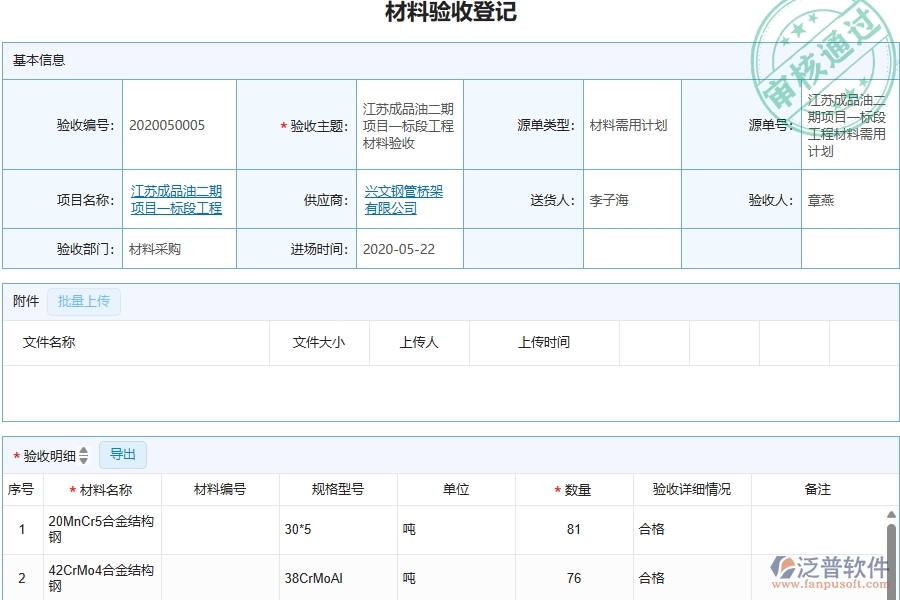 三、泛普軟件-幕墻工程企業(yè)管理系統(tǒng)中的材料驗收列表主要內容