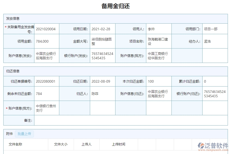 三、泛普軟件-園林工程企業(yè)管理系統(tǒng)中備用金歸還列表的框架