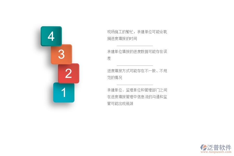 　　一、公路工程企業(yè)在進度列表管理過程中存在的問題有哪些  　　1、現(xiàn)場施工的繁忙，承建單位可能會耽擱進度填報的時間，導(dǎo)致監(jiān)理單位和管理部門不能及時掌握項目的整體進度情況。  　　2、承建單位填報的進度數(shù)據(jù)可能存在誤差，如進度節(jié)點的處理和審核不準(zhǔn)確，影響項目進度的跟蹤和管理。  　　3、進度填報方式可能存在不一致、不規(guī)范的情況，如進度條目的格式不正確，起始時間和結(jié)束時間不清晰等，給后續(xù)數(shù)據(jù)處理和分析帶來困難。  　　4、在進度填報過程中可能沒有及時記錄，無法追溯，導(dǎo)致后期數(shù)據(jù)統(tǒng)計與分析時無法確定具體的數(shù)據(jù)參考來源。  　　5、可能出現(xiàn)漏填、遺漏或者不完整的情況，導(dǎo)致數(shù)據(jù)處理不準(zhǔn)確，影響后續(xù)工作的提前預(yù)警、異常處理和決策分析。  　　6、承建單位、監(jiān)理單位和管理部門之間在進度填報管理中信息流的溝通和監(jiān)管可能出現(xiàn)瓶頸，導(dǎo)致監(jiān)管難度加大，進度管理效果下降。  　　二、泛普軟件-公路工程企業(yè)系統(tǒng)中進度列表管理的管控點  　　1、制定進度填報的標(biāo)準(zhǔn)格式，包括條目名稱、填寫格式、單位規(guī)定等，確保各方填報數(shù)據(jù)的格式一致性和標(biāo)準(zhǔn)化。  　　2、明確進度填報的責(zé)任人和責(zé)任部門，細化填報流程和進度監(jiān)管機制，確保進度數(shù)據(jù)的完整性和準(zhǔn)確性。  　　3、采用信息化手段，如進度管理系統(tǒng)、移動App等，實現(xiàn)企業(yè)信息化管理和數(shù)據(jù)共享，促進信息共享和協(xié)同工作。  　　4、在現(xiàn)場設(shè)立進度填報點，配備專人跟蹤填報進度數(shù)據(jù)，并對填報數(shù)據(jù)進行審核和公示，有效控制填報數(shù)據(jù)的準(zhǔn)確性和實時性。  　　5、對進度數(shù)據(jù)進行分析，及時發(fā)現(xiàn)進度異常情況并進行預(yù)警和處理，以便保證項目進度的正常推進和提高施工效率。  　　6、將進度填報數(shù)據(jù)進行歸檔，建立進度數(shù)據(jù)檔案庫，方便后期數(shù)據(jù)的查找和溯源，也便于后續(xù)的經(jīng)驗總結(jié)和管理優(yōu)化。  　　三、泛普軟件-公路工程系統(tǒng)中進度列表管理的技術(shù)優(yōu)勢  　　1、提高數(shù)據(jù)處理和分析的效率，實現(xiàn)實時數(shù)據(jù)共享和協(xié)同工作，減少重復(fù)工作和數(shù)據(jù)錯誤，提升工作效率和施工質(zhì)量。  　　2、相較于傳統(tǒng)手工填寫，數(shù)據(jù)的準(zhǔn)確性和實時性得到了很大程度上的提升，能夠更為精準(zhǔn)地掌握項目進度的狀態(tài)，提升項目和施工質(zhì)量。  　　3、通過數(shù)據(jù)歸檔和建立數(shù)據(jù)檔案庫的方式，將填報的數(shù)據(jù)進行歸檔，能夠方便后續(xù)的數(shù)據(jù)查找、溯源和數(shù)據(jù)分析，為后續(xù)工作提供數(shù)據(jù)支撐和決策依據(jù)。  　　4、實現(xiàn)不同部門和人員之間的信息共享和協(xié)同工作，能夠減少信息孤島和信息壁壘的出現(xiàn)，提高協(xié)同工作效率和施工質(zhì)量。  　　5、及時發(fā)現(xiàn)和處理施工過程中的問題和風(fēng)險，及時調(diào)整和優(yōu)化施工進度和資源配置，提高工作流程和管理效率。  　　四、泛普軟件-公路工程管理系統(tǒng)在進度列表中的解決方案  　　1、數(shù)據(jù)采集：通過系統(tǒng)采集設(shè)備監(jiān)測、人員作業(yè)等數(shù)據(jù)，實現(xiàn)數(shù)據(jù)自動化和準(zhǔn)確性。  　　2、進度分解：將工程項目按工序分解成多個節(jié)點，通過進度管理系統(tǒng)進行進度規(guī)劃，確定各工序的計劃開始時間、結(jié)束時間、工期等信息，形成進度計劃表。  　　3、進度跟蹤：通過實時監(jiān)控工程進度，對進度偏差情況進行預(yù)警和報警，及時調(diào)整進度計劃，保證施工工序按照計劃有序進行。  　　4、進度協(xié)同：系統(tǒng)內(nèi)部溝通協(xié)作，實現(xiàn)不同人員、部門的進度信息共享和協(xié)同工作，減少信息重復(fù)填寫和過時的情況，提高工作效率。  　　5、進度分析：通過進度數(shù)據(jù)分析，快速判斷工程進度的偏差情況和原因，對進度延誤和提前因素進行分析和處理，提高工程質(zhì)量和效益。  　　6、進度報告：根據(jù)進度數(shù)據(jù)生成報表和圖表，實現(xiàn)進度數(shù)據(jù)的可視化展示，為管理決策提供數(shù)據(jù)支撐。