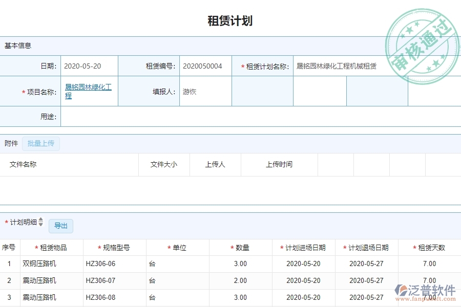 三、泛普軟件-園林工程企業(yè)管理系統(tǒng)的租賃合同的管控點(diǎn)