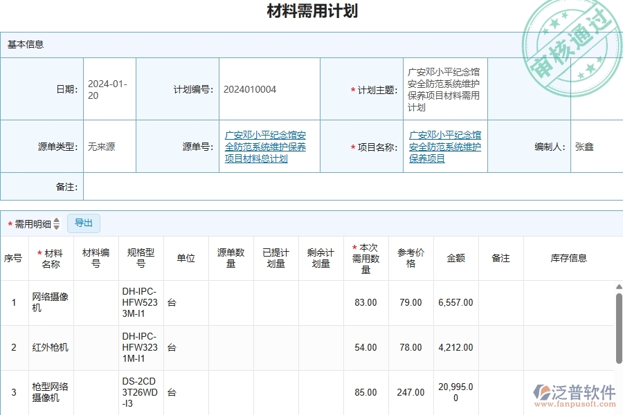 三、安防工程企業(yè)使用了泛普軟件-工程材料需用計劃列表軟件的好處是什么
