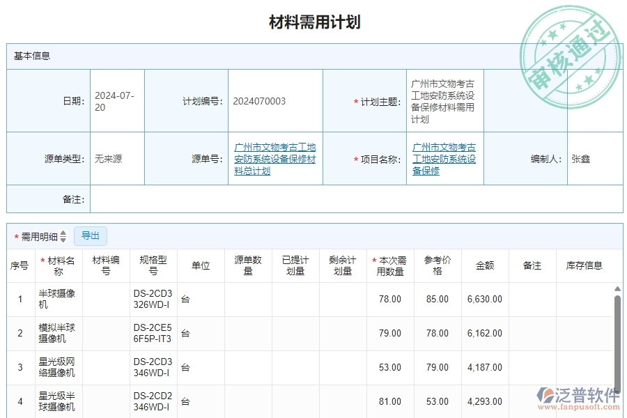 三、安防工程企業(yè)使用泛普軟件-材料需用計(jì)劃明細(xì)查詢(xún)管理的好處